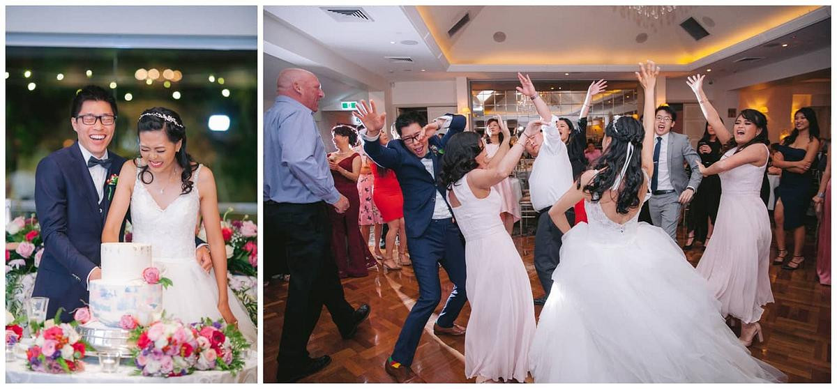 Bridal party leading the crowd in a fun group dance at Oatlands House.