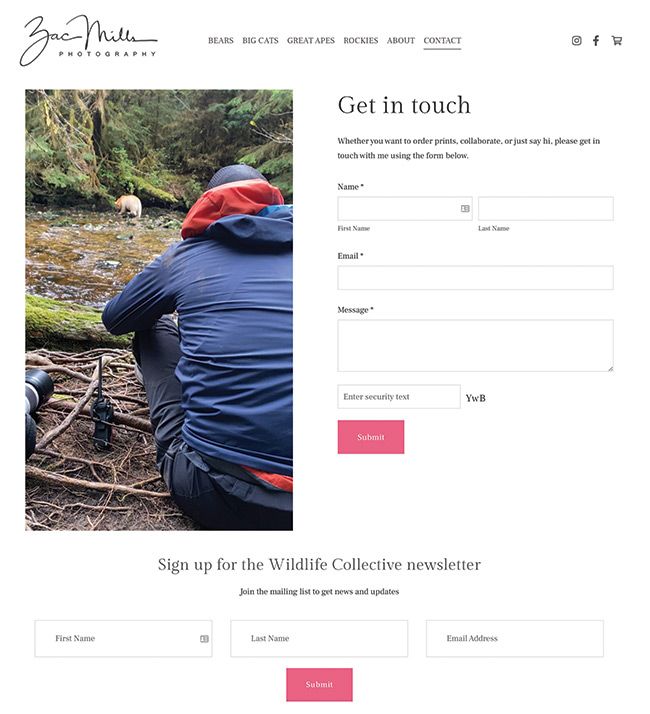 Контактная страница портфолио фотографии Зака ​​​​Милла