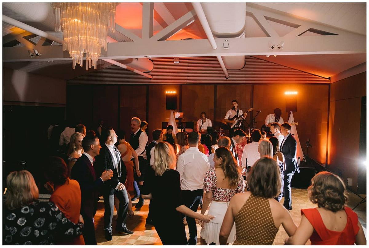 The wedding band entertains the guests at the wedding reception at Sergeants Mess Mosman.